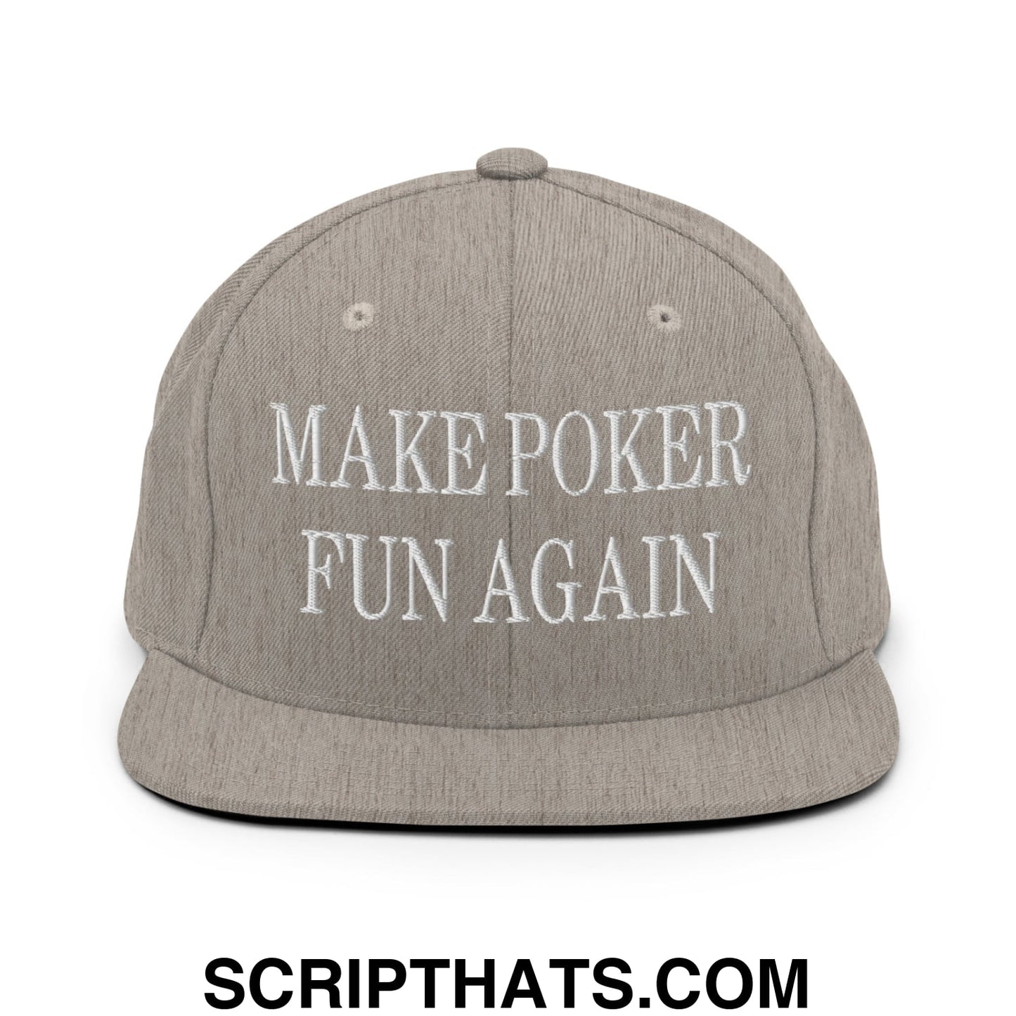 Gray snapback hat with white embroidered make poker fun again text and flat bill brim for casual wear