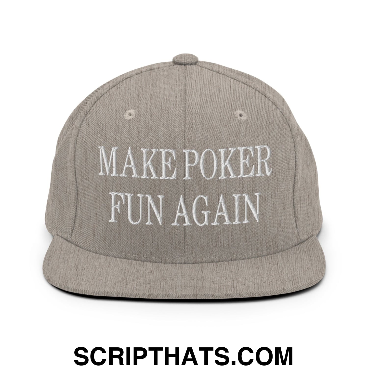 Gray snapback hat with white embroidered make poker fun again text and flat bill brim for casual wear