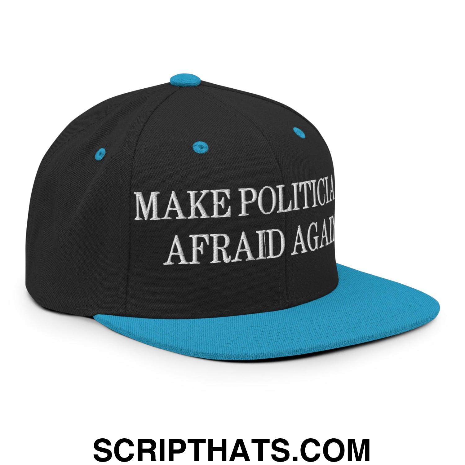 Make Politicians Afraid Again Embroidered Flat Bill Brim Snapback Hat Black Teal