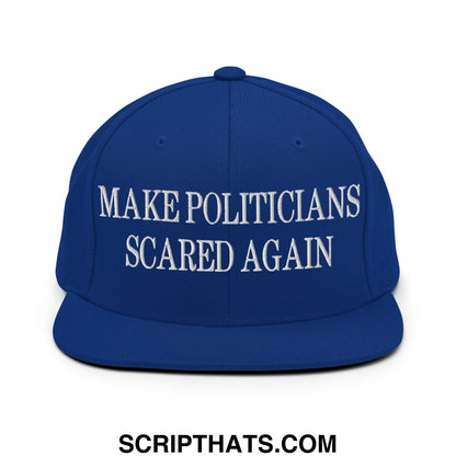 Royal blue flat bill snapback hat with white embroidered text make politicians scared again for casual wear