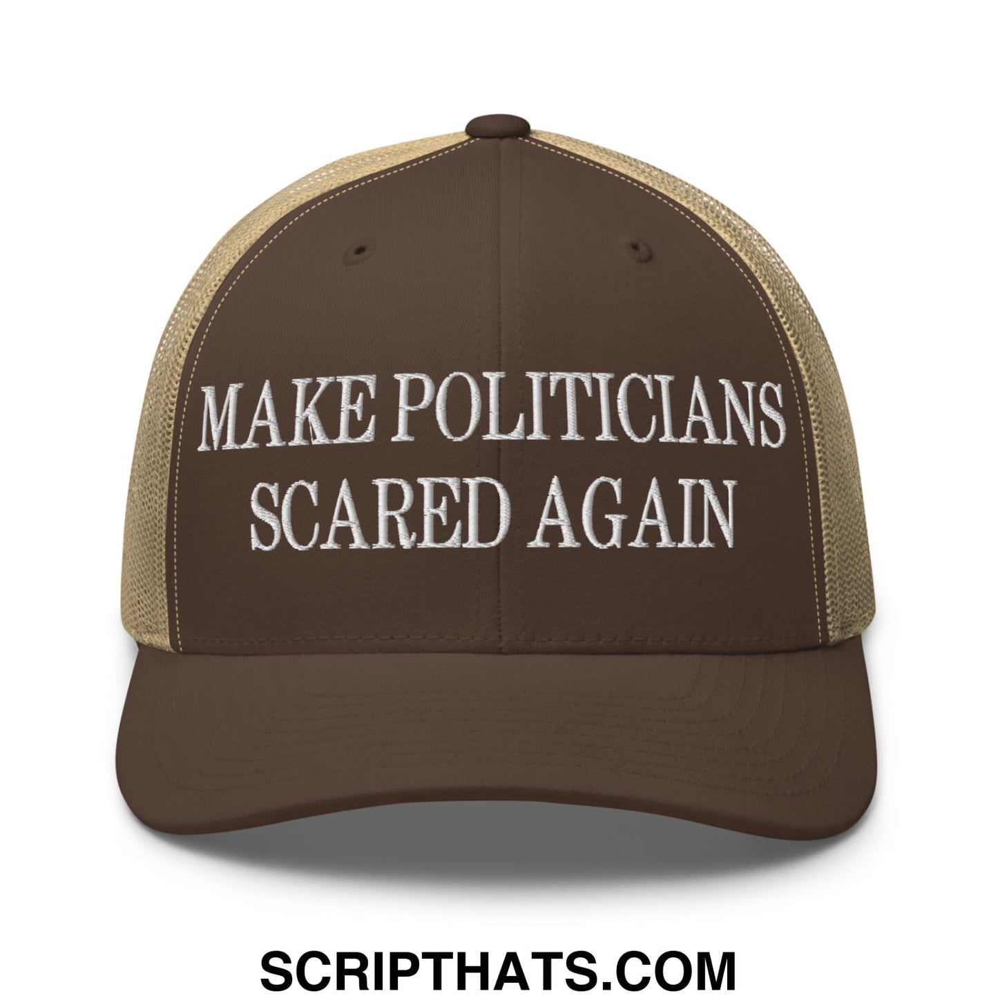 Brown and tan mesh trucker hat with white embroidered text make politicians scared again for casual wear