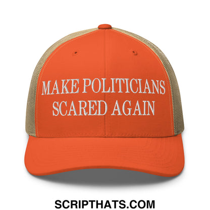 Orange and beige embroidered mesh trucker hat with white make politicians scared again text for casual wear