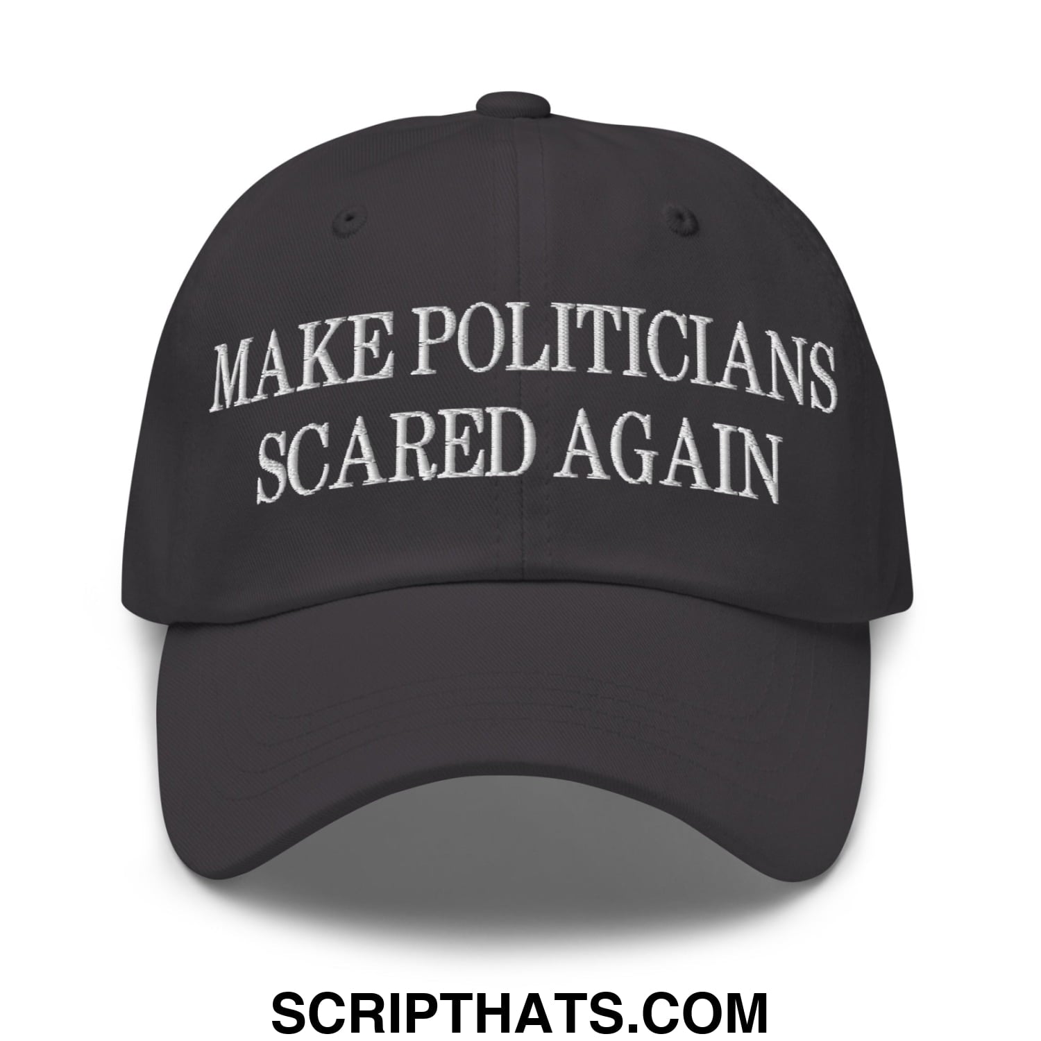 Black unstructured dad hat with white embroidered text make politicians scared again on front panel