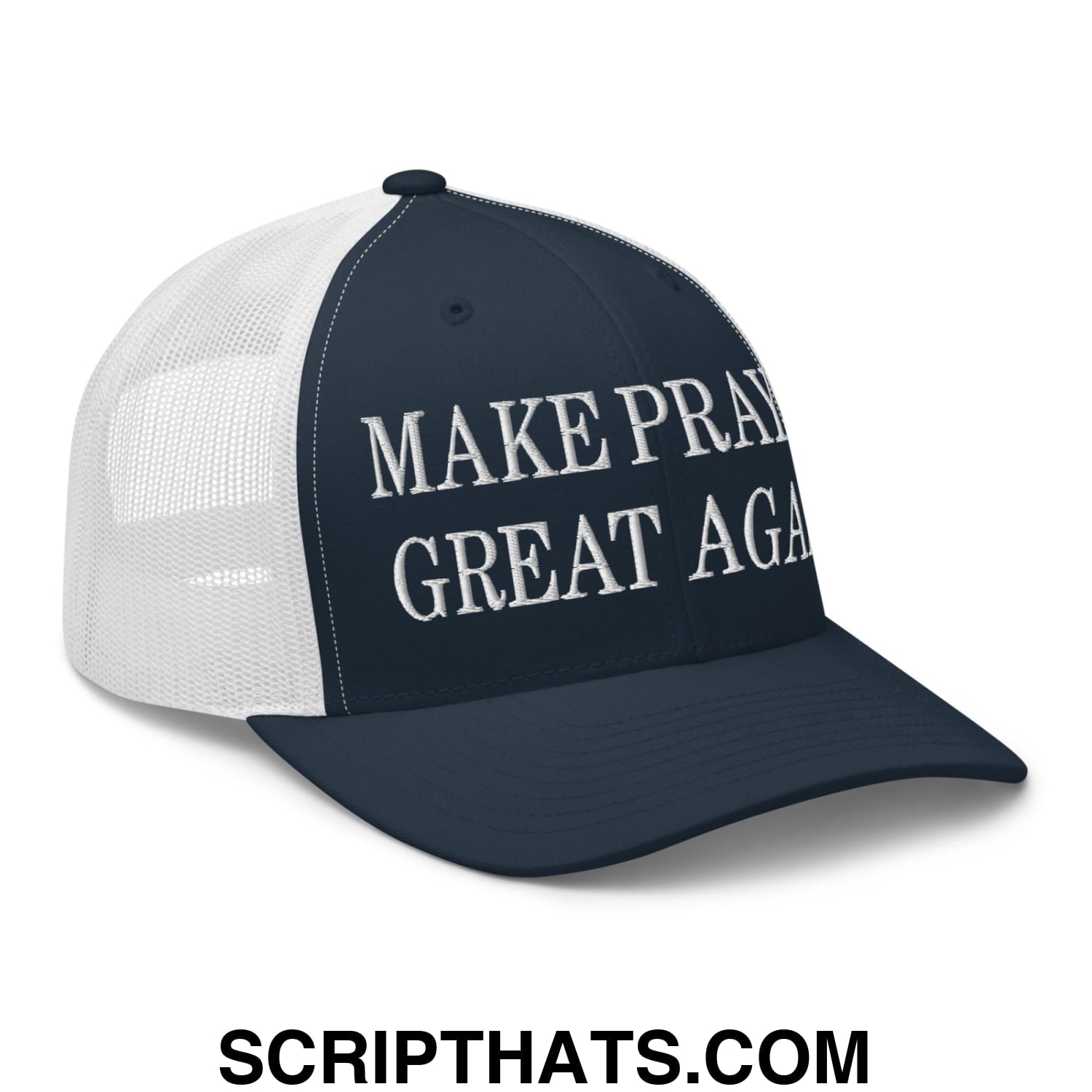 Make Prayer Great Again Embroidered Mesh Trucker Hat Navy White