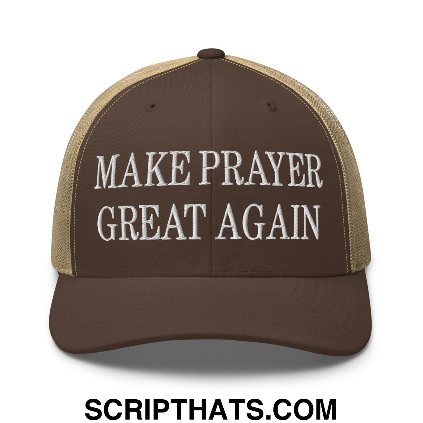 Make Prayer Great Again Embroidered Mesh Trucker Hat Brown Khaki