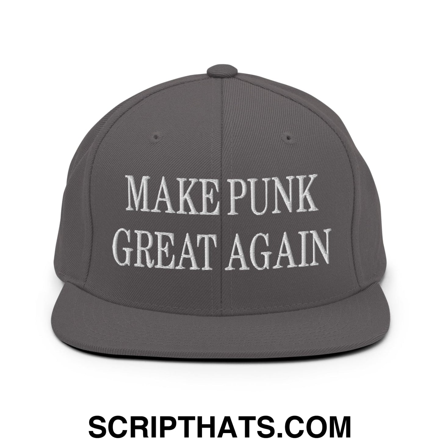 Dark gray snapback hat with white embroidered make punk great again text and flat bill brim design