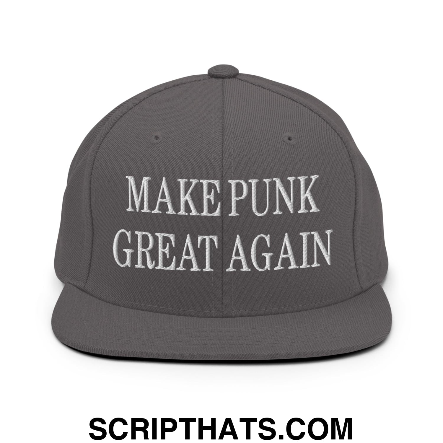 Dark gray snapback hat with white embroidered make punk great again text and flat bill brim design