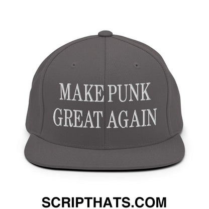 Dark gray snapback hat with white embroidered make punk great again text and flat bill brim design