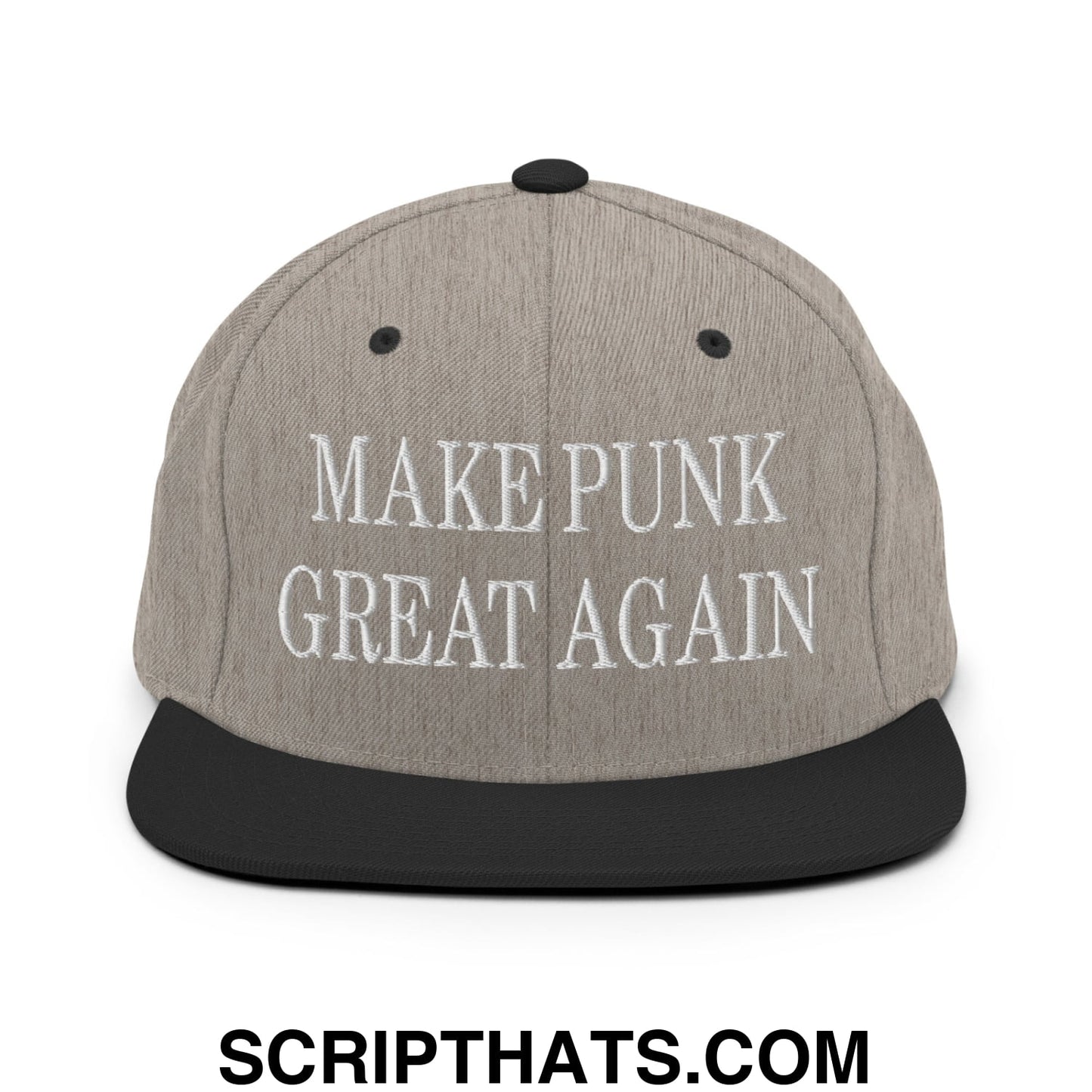 Gray and black snapback hat with white embroidered make punk great again text and flat bill brim design