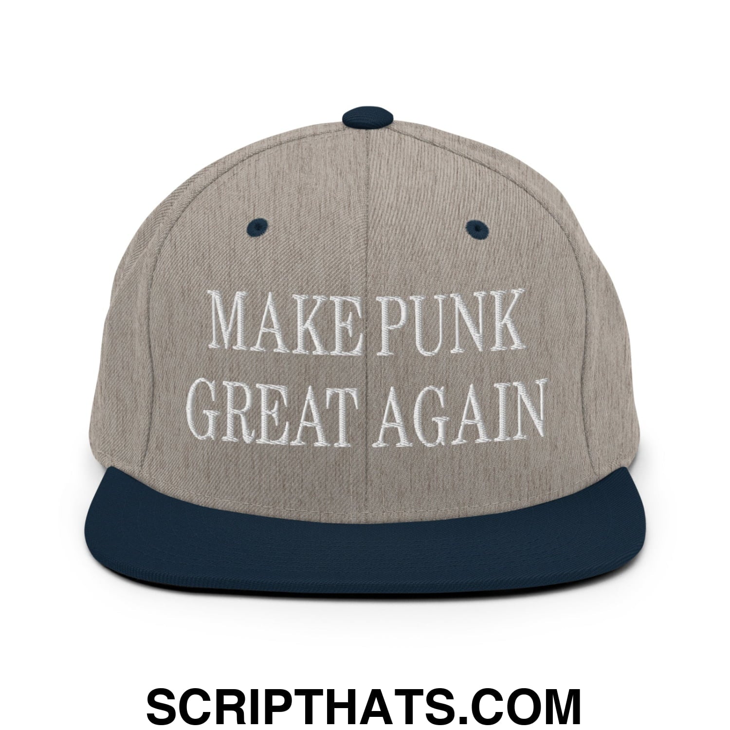 Gray and navy blue snapback hat with white embroidered text reading make punk great again on a flat bill brim