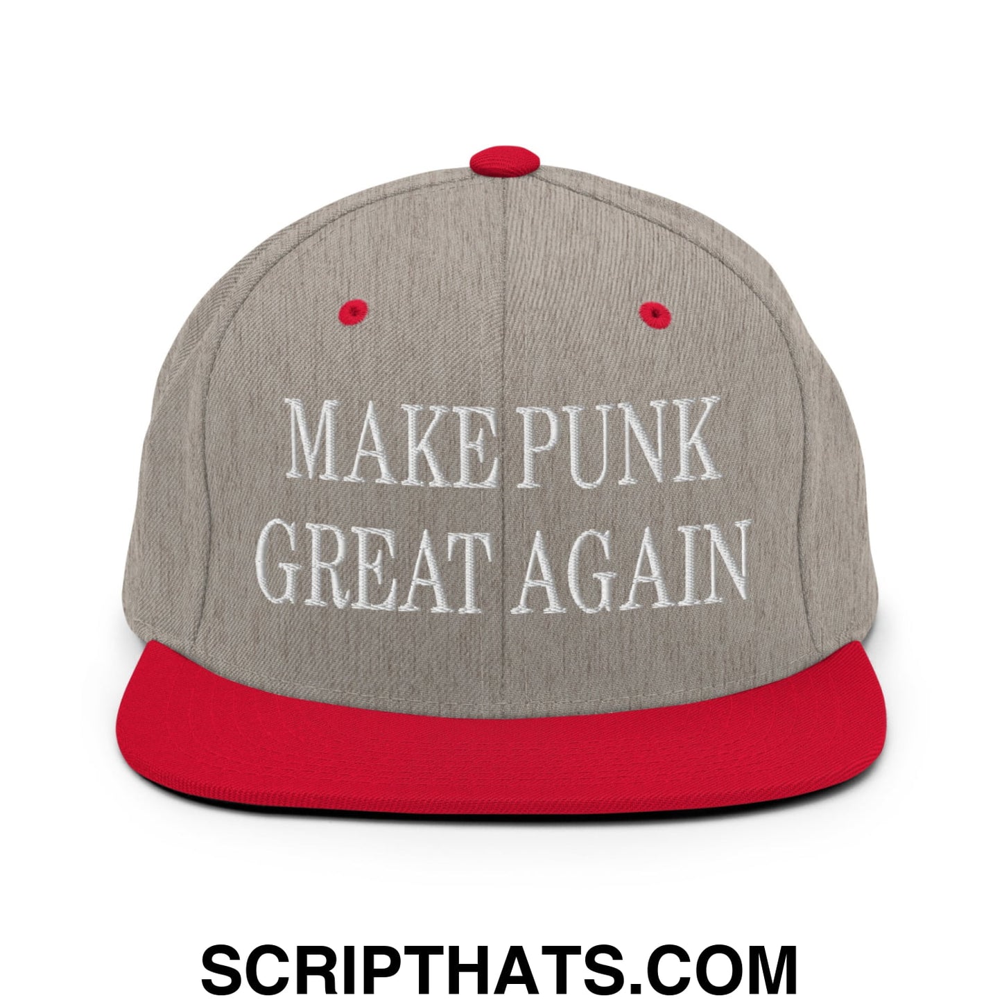 Make punk great again embroidered flat bill snapback hat in gray and red with white text on the front