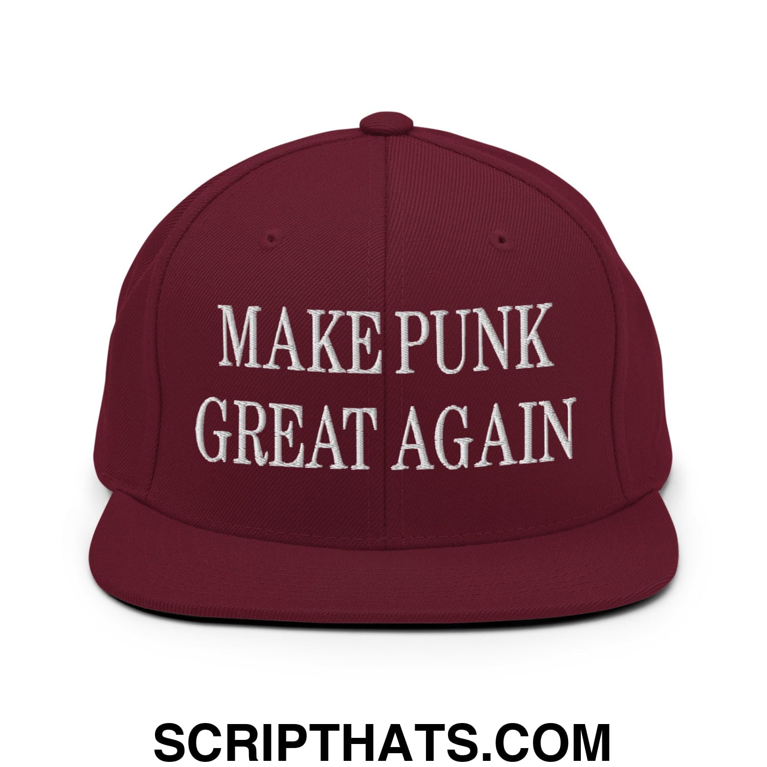 Maroon embroidered flat bill snapback hat with white text make punk great again for casual wear