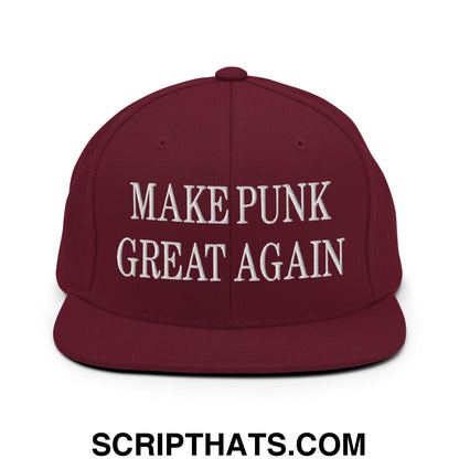 Maroon embroidered flat bill snapback hat with white text make punk great again for casual wear