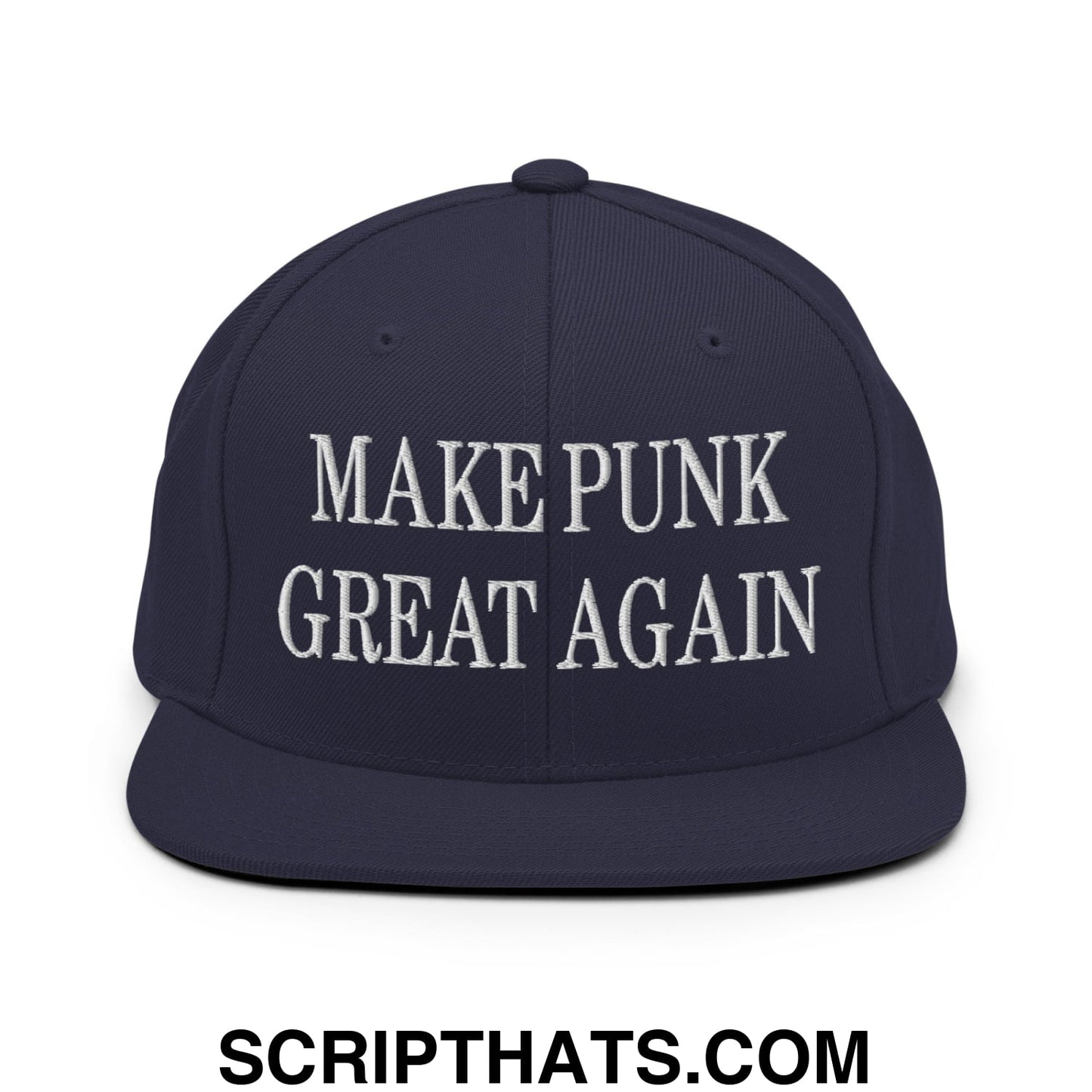 Navy blue snapback hat with white embroidered make punk great again text and a flat bill brim design