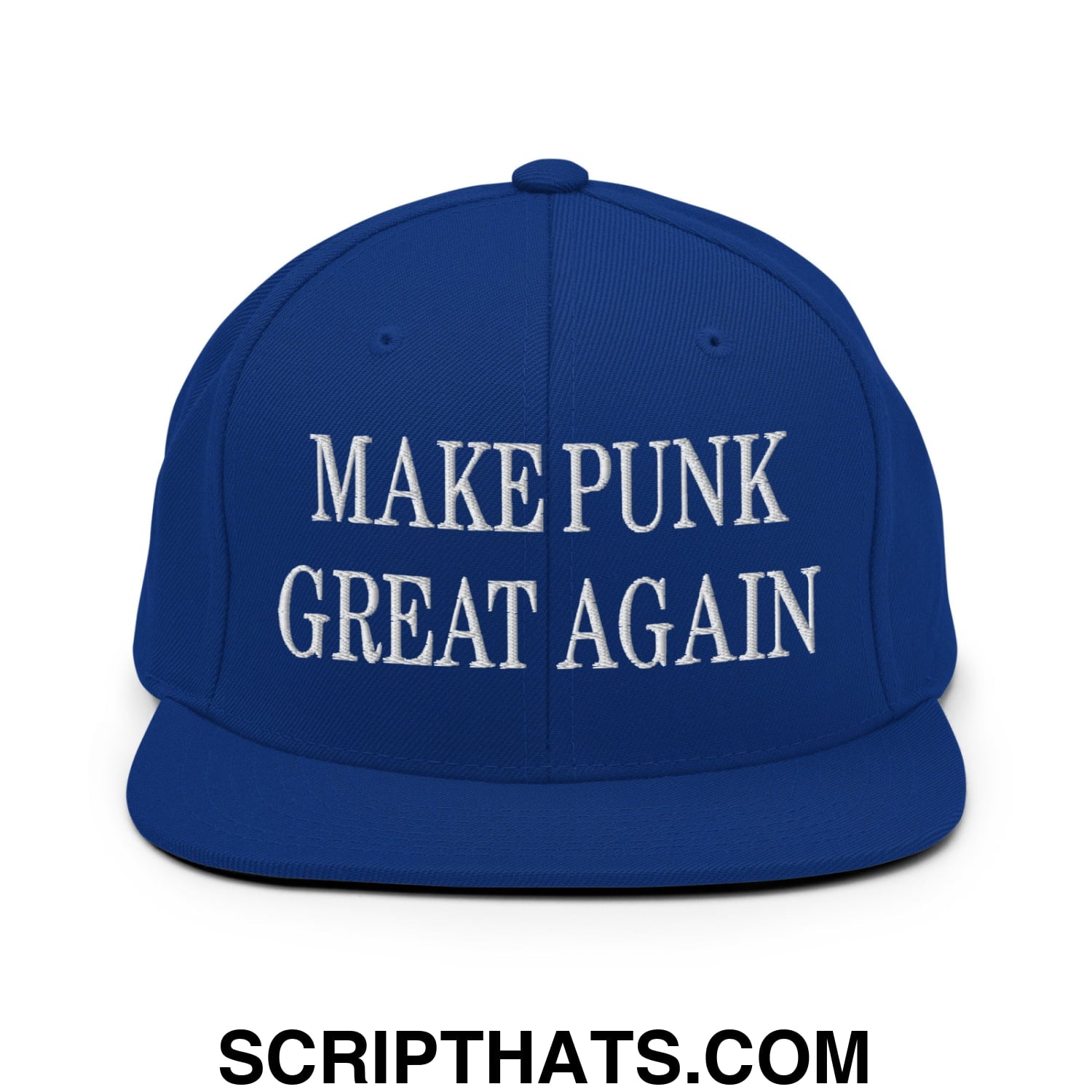 Royal blue snapback hat with white embroidered make punk great again text and flat bill brim design