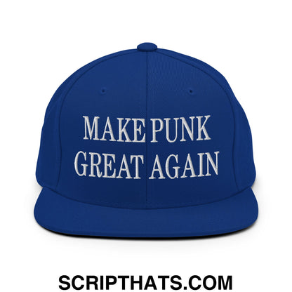 Royal blue snapback hat with white embroidered make punk great again text and flat bill brim design