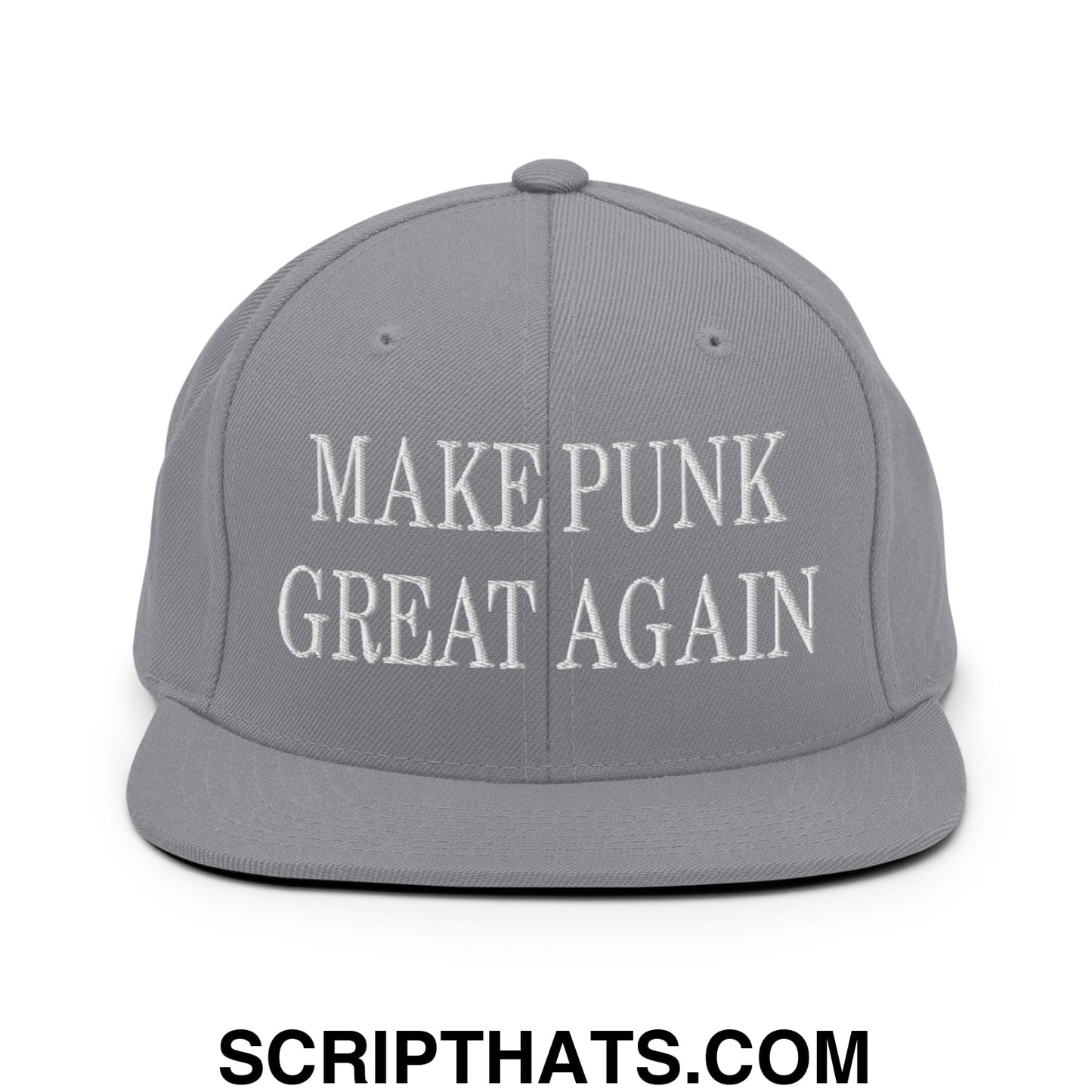 Gray make punk great again embroidered flat bill snapback hat with white text and adjustable closure