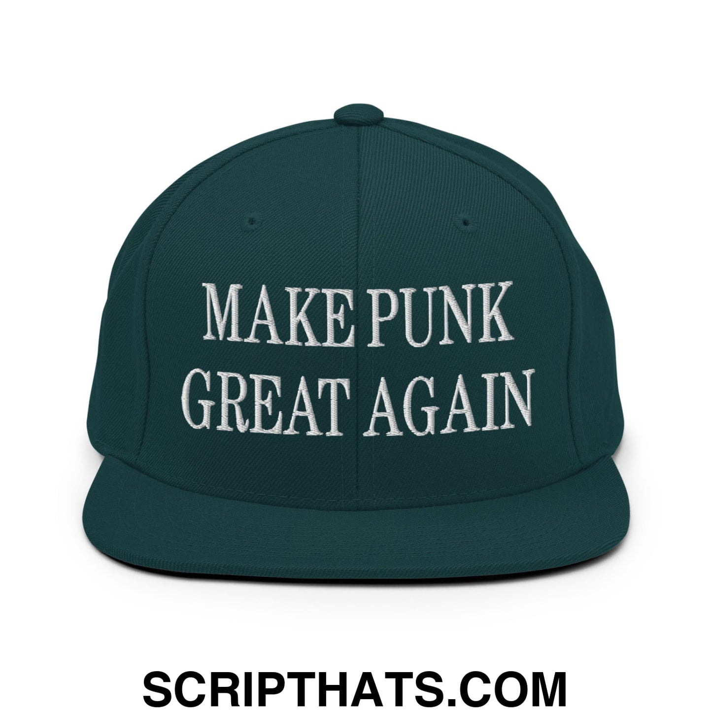 Dark green snapback hat with white embroidered make punk great again text and flat bill brim