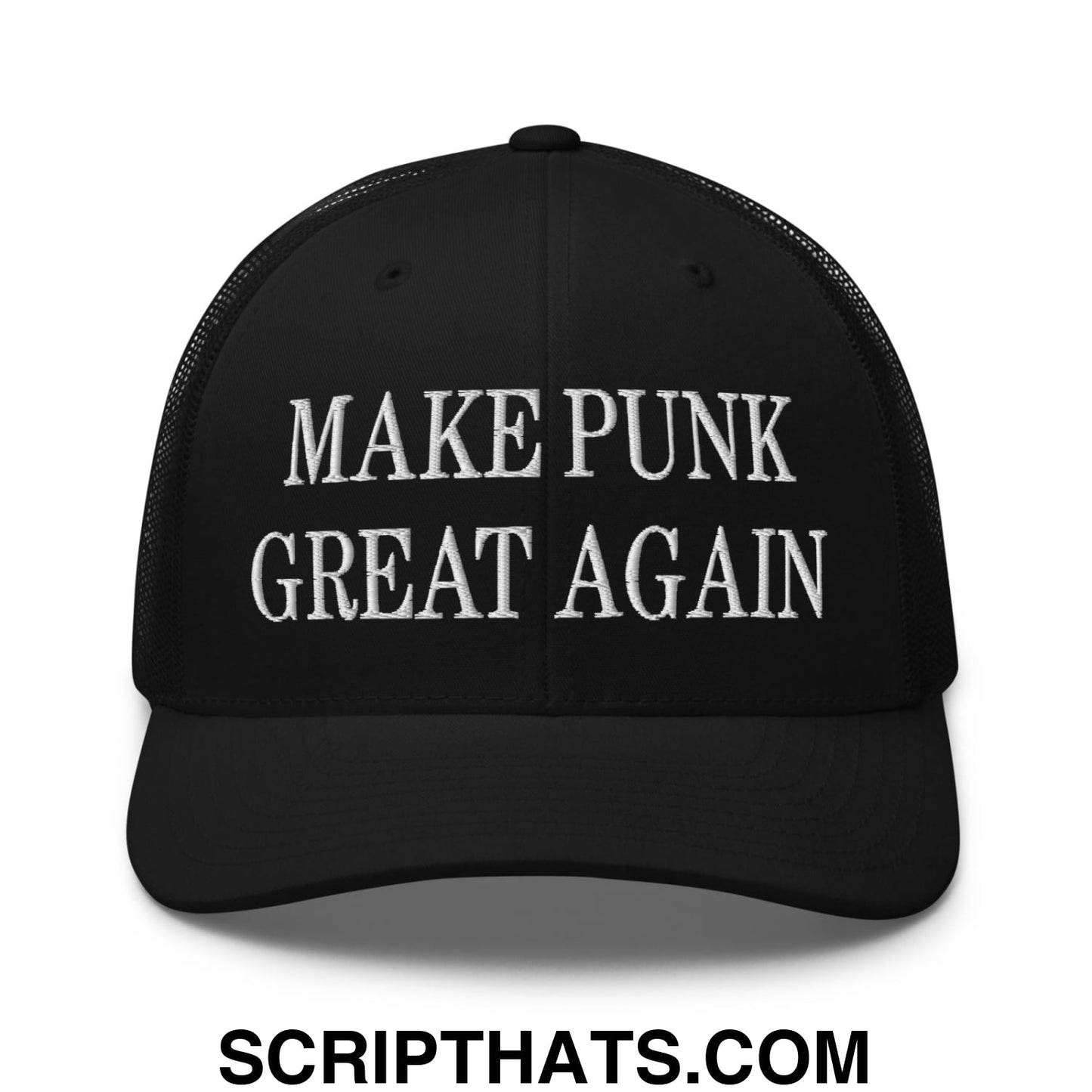 Black mesh trucker hat with white embroidered make punk great again text on the front panel