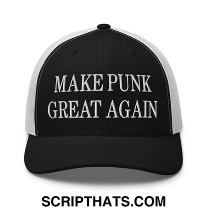Black and white mesh trucker hat with embroidered make punk great again text in bold uppercase font