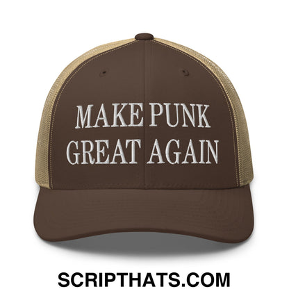 Brown and tan mesh trucker hat with white embroidered text reading make punk great again