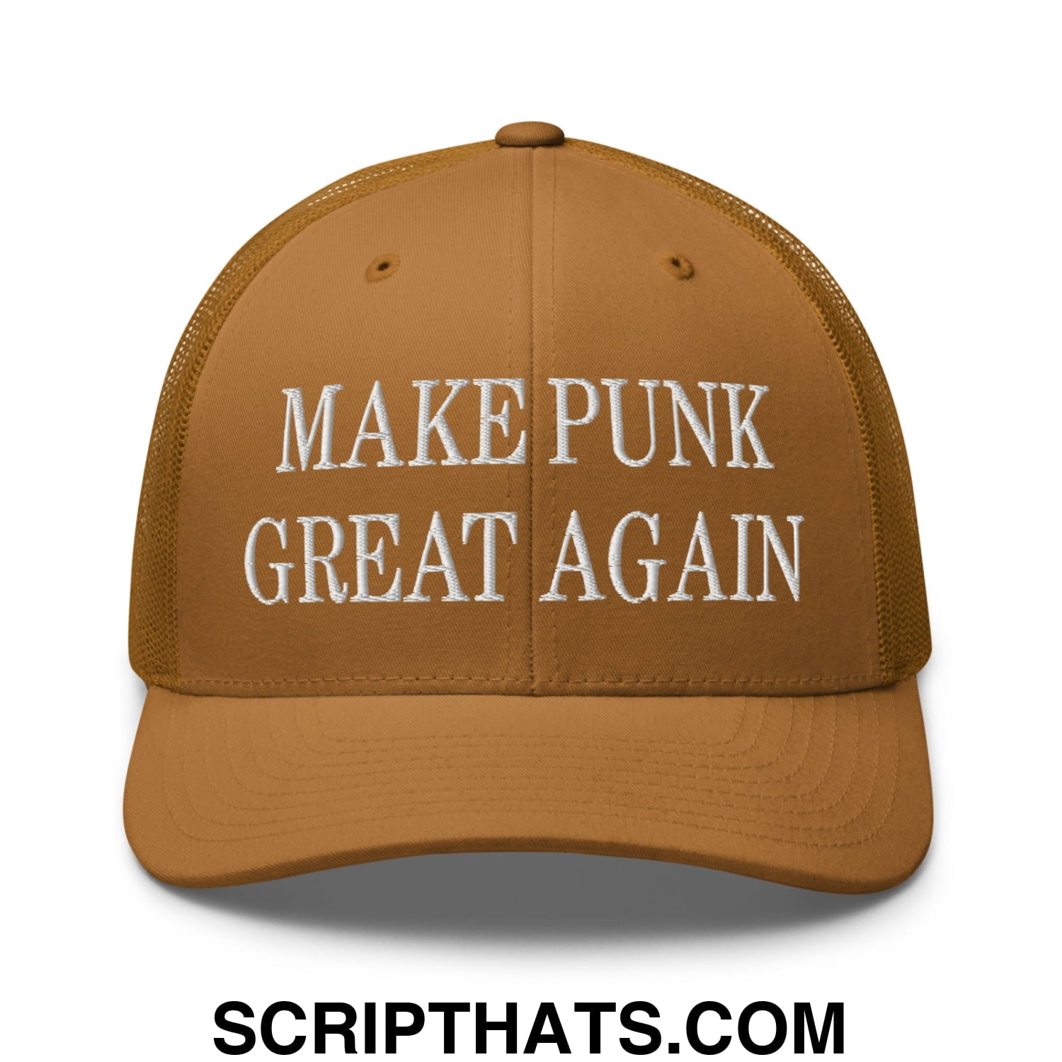 A tan mesh trucker hat with white embroidered text reading make punk great again on the front panel