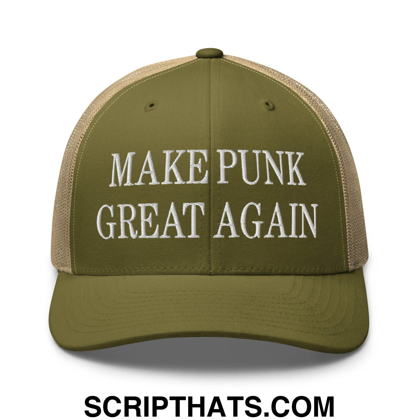 Olive green and tan mesh trucker hat with white embroidered text make punk great again for casual wear