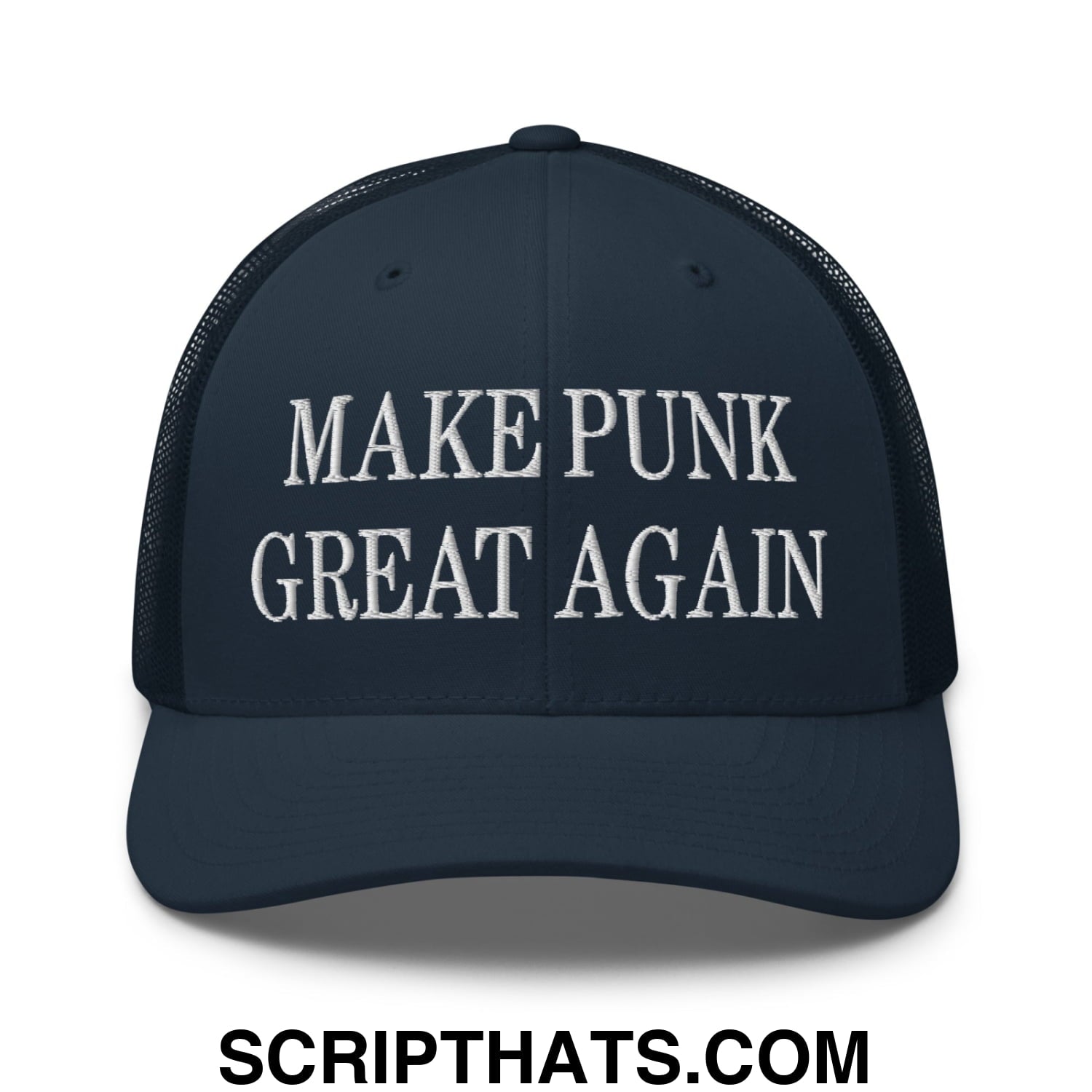 A navy blue embroidered mesh trucker hat with white text reading make punk great again on the front panel