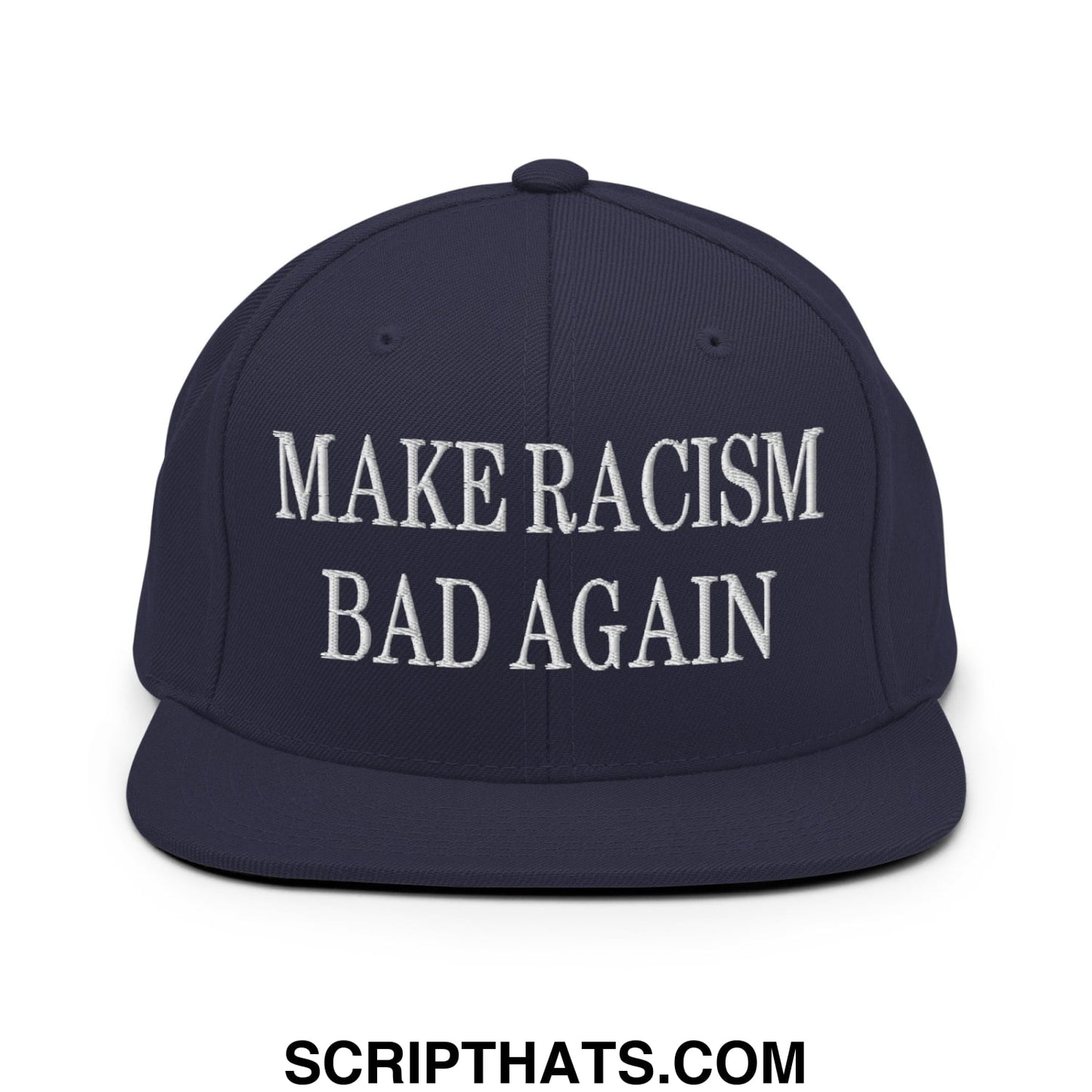 Navy blue snapback cap with white embroidered text make racism bad again flat bill brim for casual wear