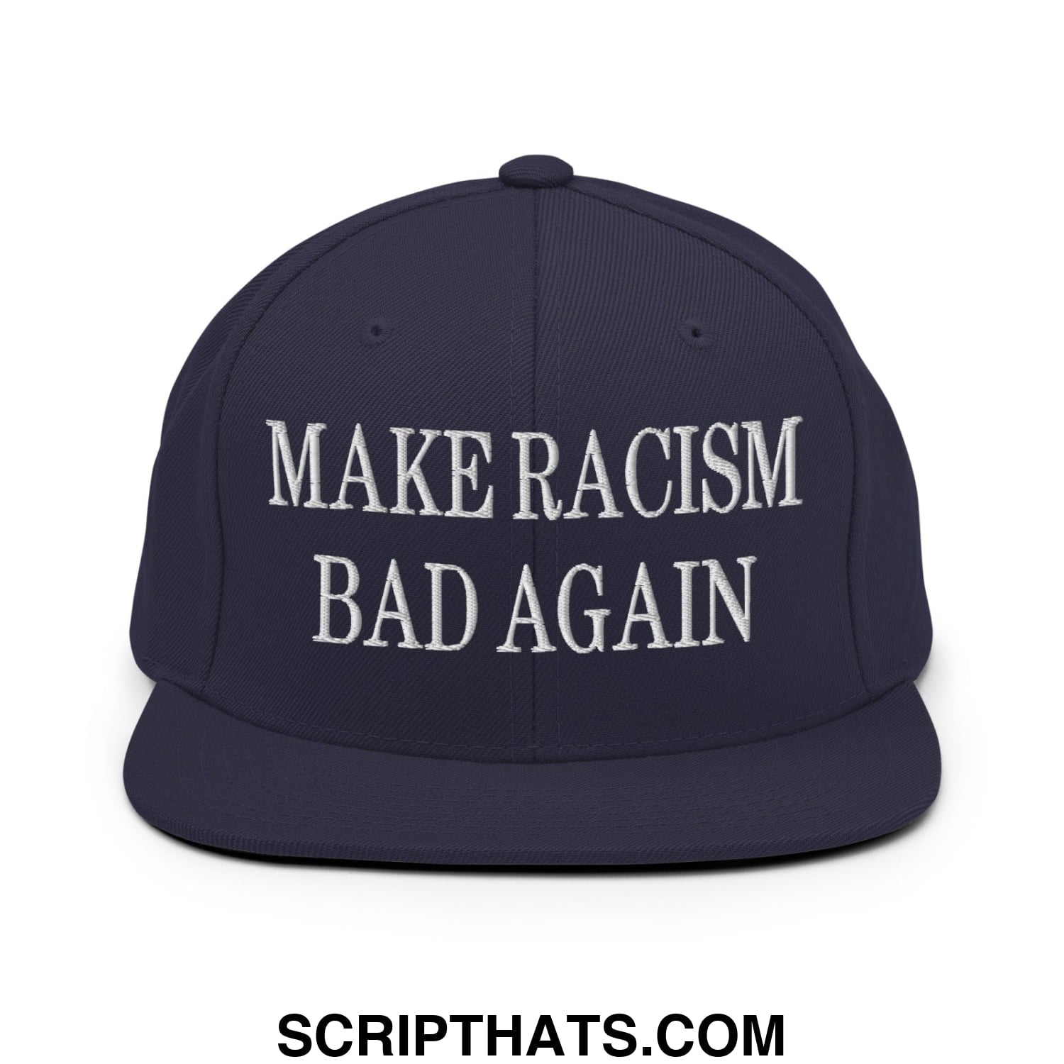 Navy blue snapback cap with white embroidered text make racism bad again flat bill brim for casual wear