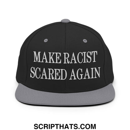 Black snapback cap with gray brim and white embroidered text make racist scared again flat bill brim design