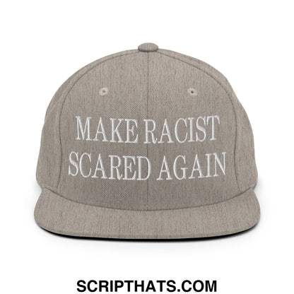Gray snapback hat with white embroidered text make racist scared again and a flat bill brim design