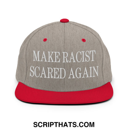 Gray and red snapback cap with white embroidered text make racist scared again flat bill brim hat