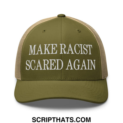 Olive green and tan mesh trucker hat with white embroidered text make racist scared again for casual wear