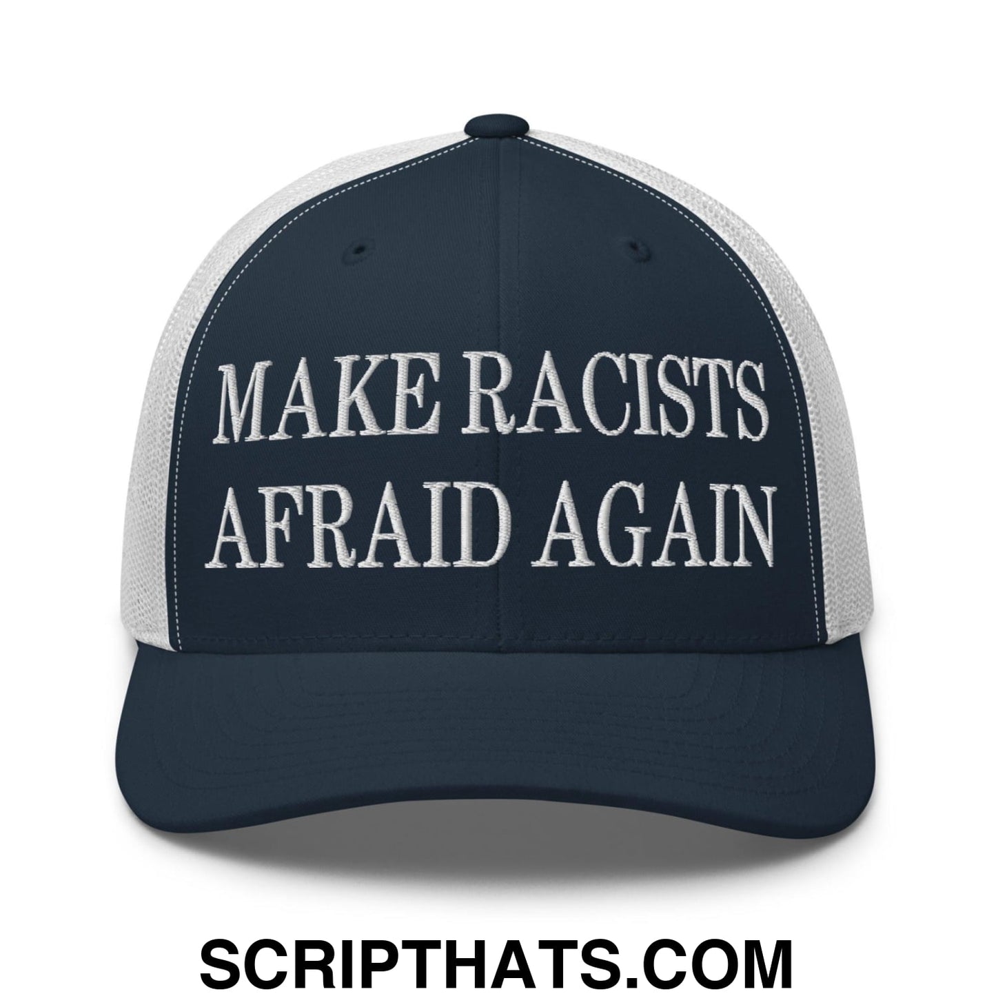 Make Racists Afraid Again Embroidered Mesh Trucker Hat Navy White