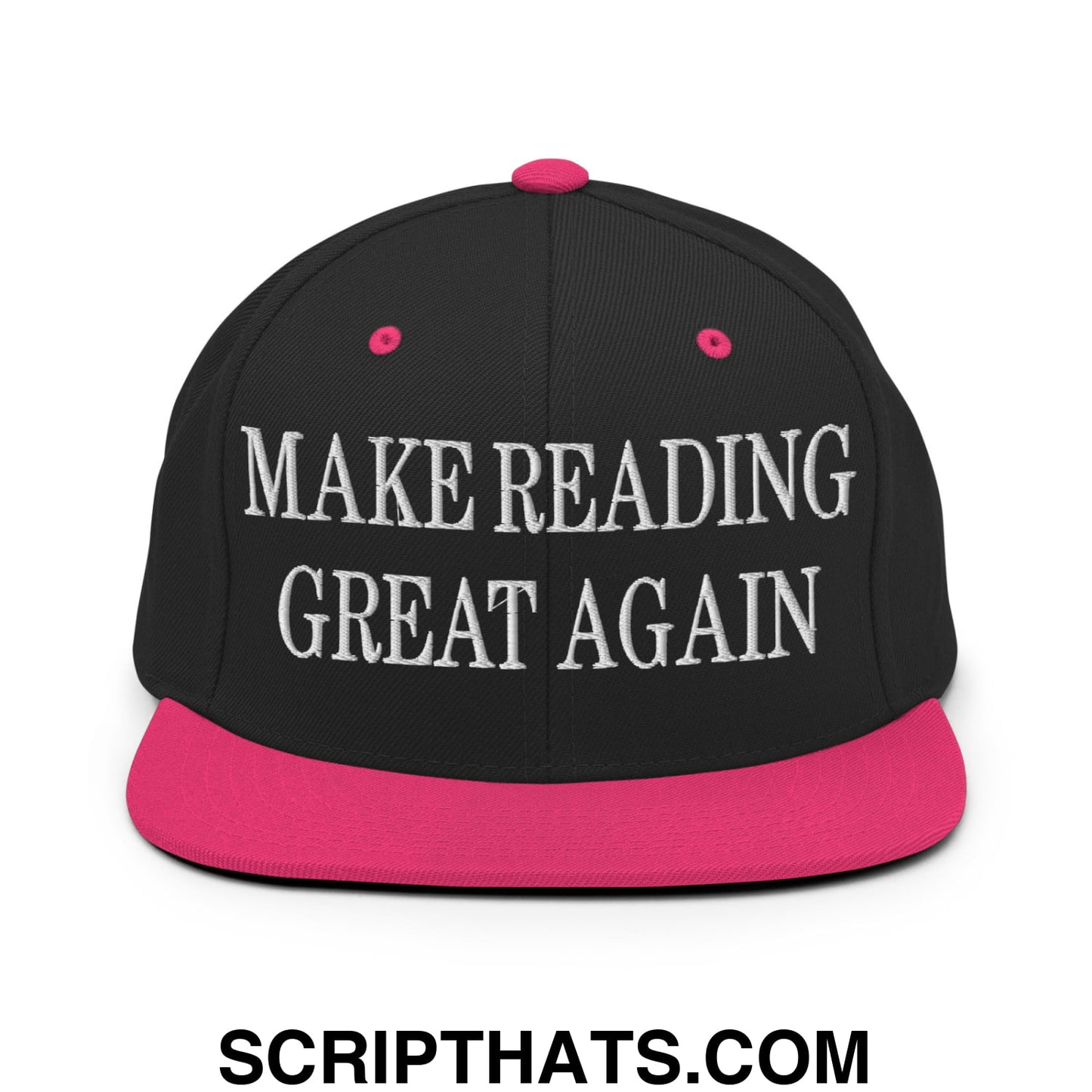 Black snapback cap with vibrant pink brim and button embroidered with make reading great again in white lettering