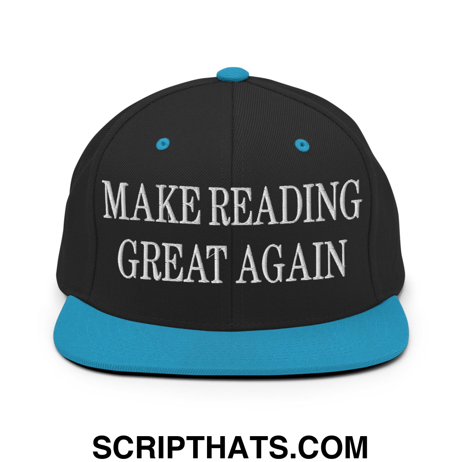 Black snapback cap with teal flat bill and button featuring white embroidered make reading great again text