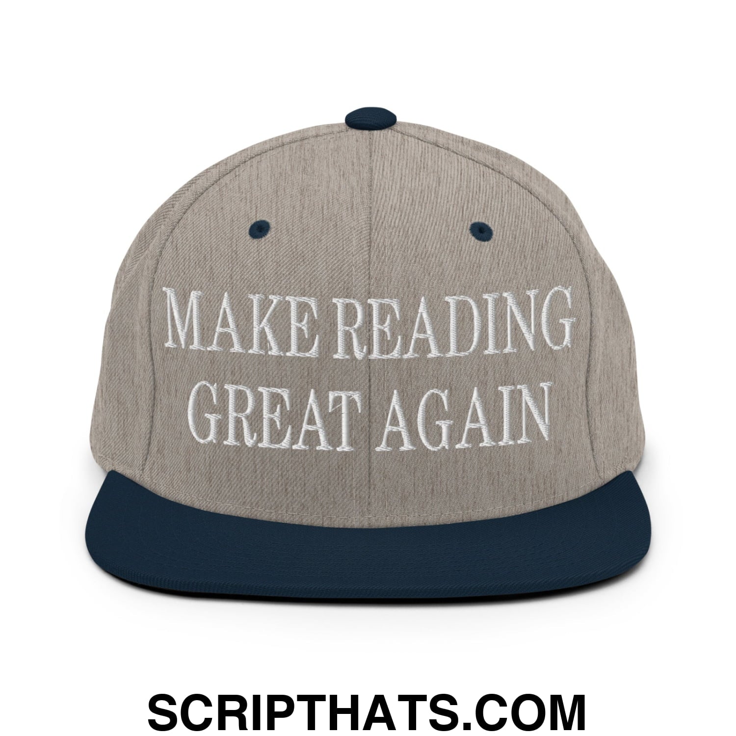 A gray and navy blue snapback hat with white embroidered text reading make reading great again on the front