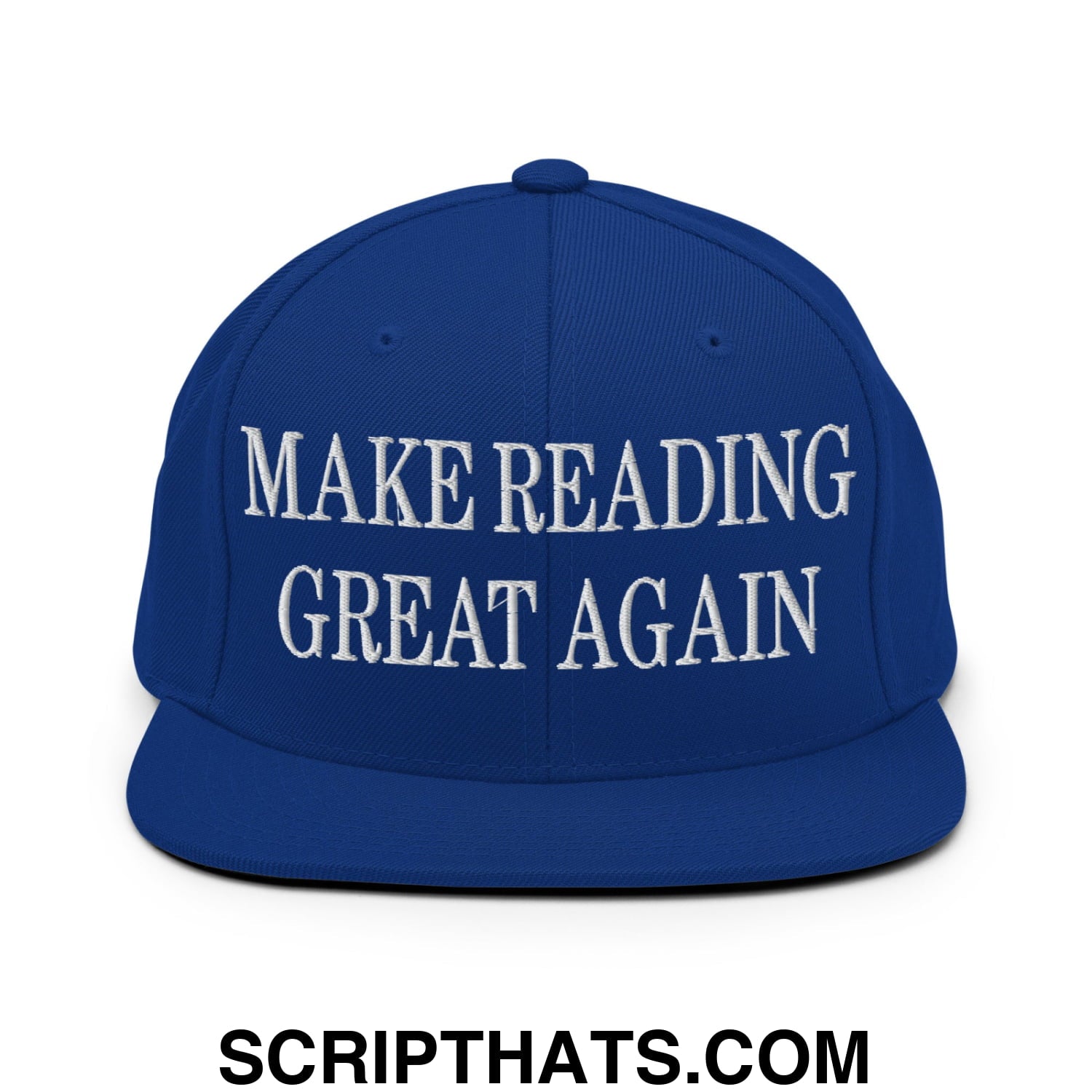 Royal blue snapback hat with white embroidered make reading great again text and flat bill brim design