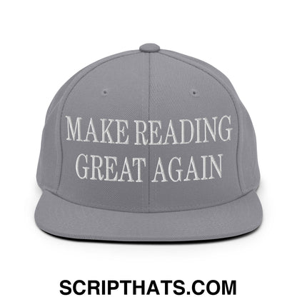 Gray embroidered flat bill snapback hat with white text reading make reading great again for casual wear
