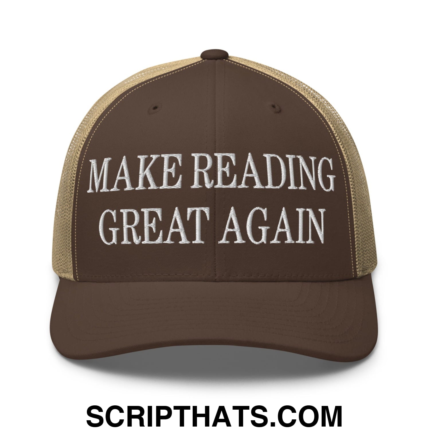 Brown and tan mesh trucker hat with white embroidered make reading great again text on the front panel