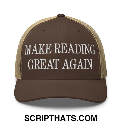 Brown and tan mesh trucker hat with white embroidered make reading great again text on the front panel