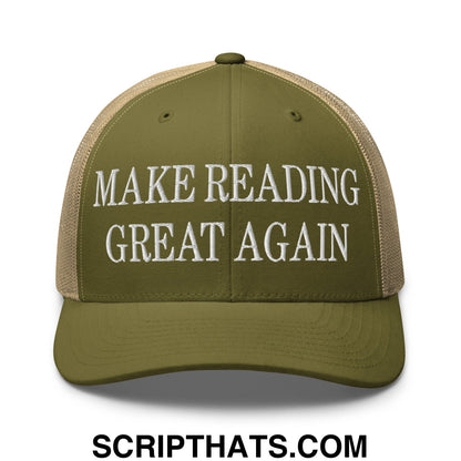Olive green and beige embroidered mesh trucker hat with white text reading make reading great again