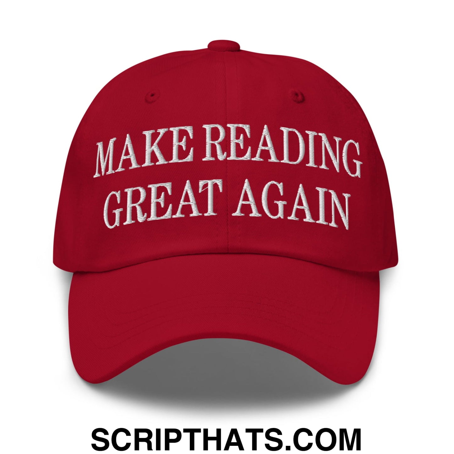 Red embroidered unstructured dad hat with white text make reading great again for casual wear