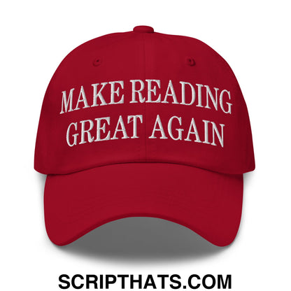 Red embroidered unstructured dad hat with white text make reading great again for casual wear