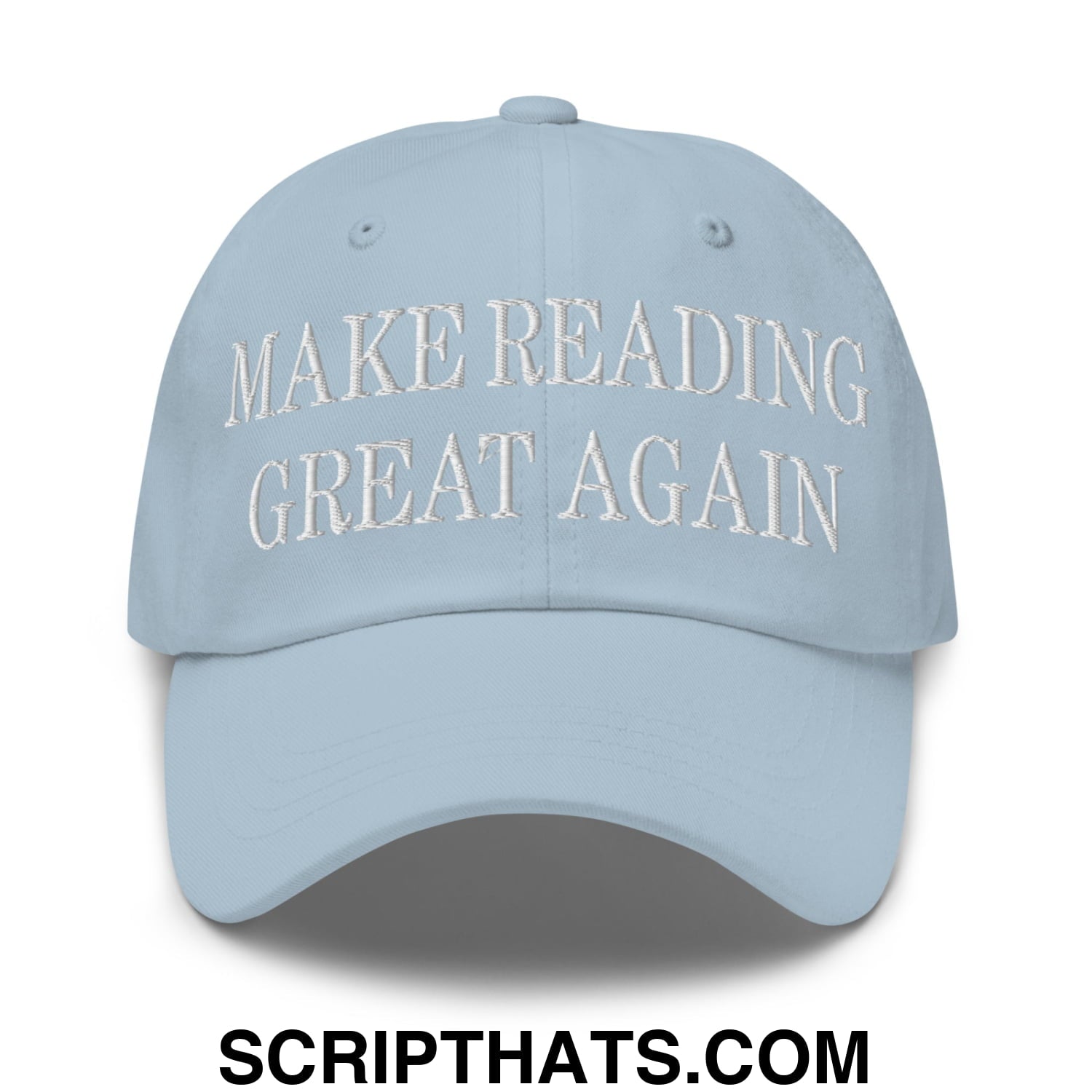 Light blue unstructured dad hat with white embroidered text make reading great again for casual wear