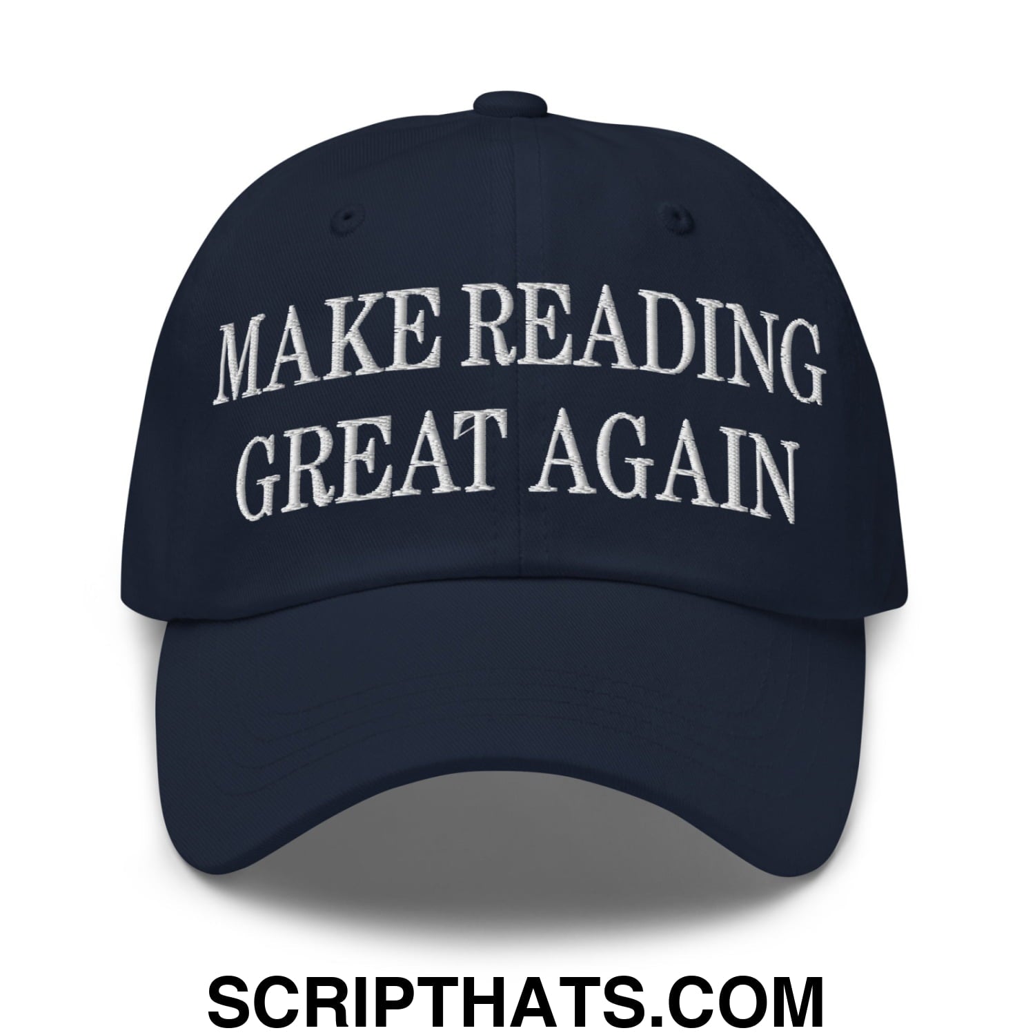 Navy blue unstructured dad hat with white embroidered make reading great again text for casual wear