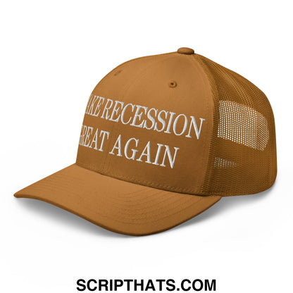 Tan mesh trucker hat with white embroidered make recession great again text on front panels