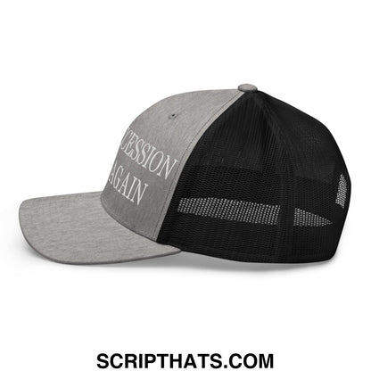 Gray and black mesh trucker hat with succession again embroidered in white script on the front panel