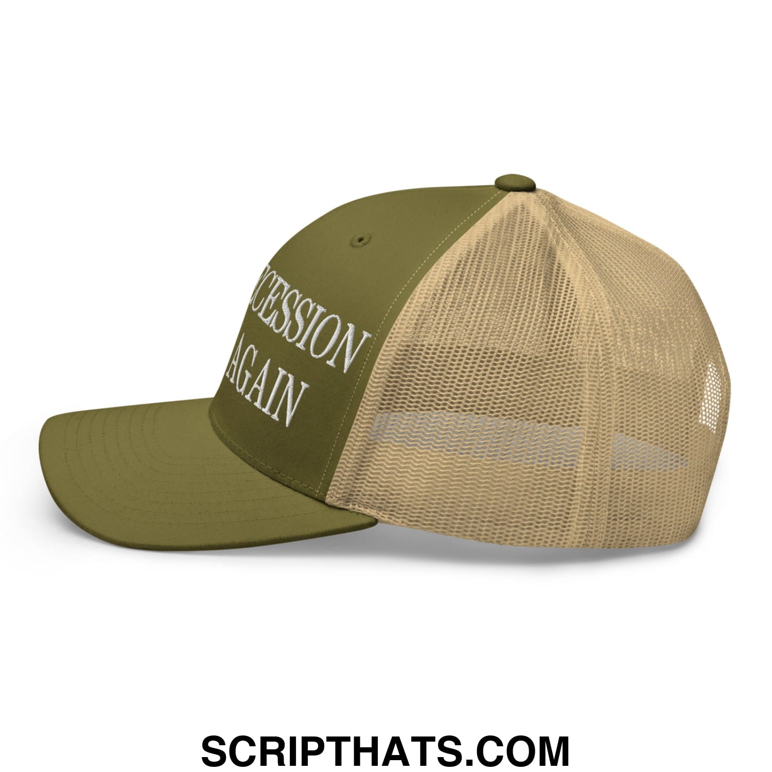 Olive green and tan embroidered mesh trucker hat with white succession again text front panel for casual wear